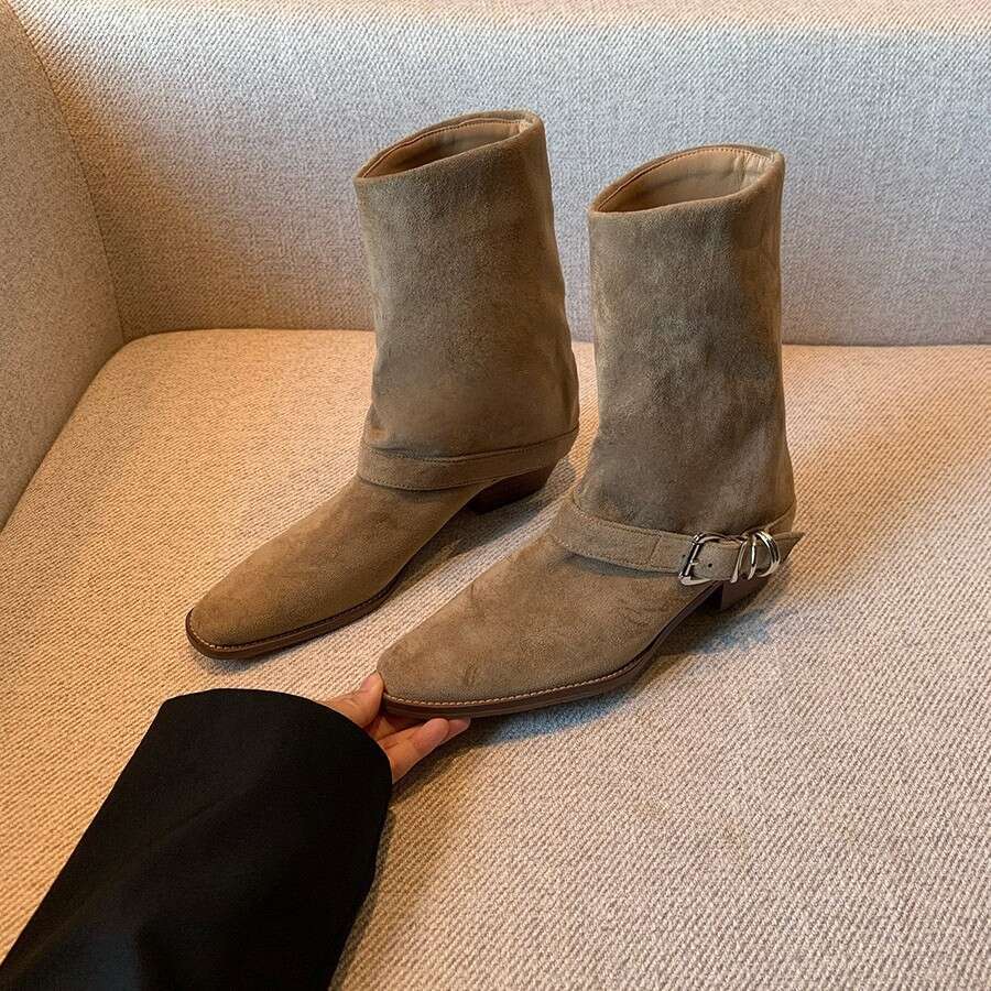 Genuine Leather Suede Square Toe Chunky Heel Western Cowboy Martin for Women Autumn Winter New Belt Buckle Mid-Calf Boots