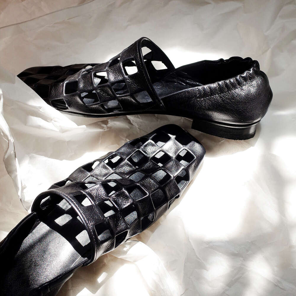 Genuine Leather Niche Wrinkled Square Toe Hollow Loafers for Women 2025 New Spring Summer Fashion Flat Low Heel Single Shoes