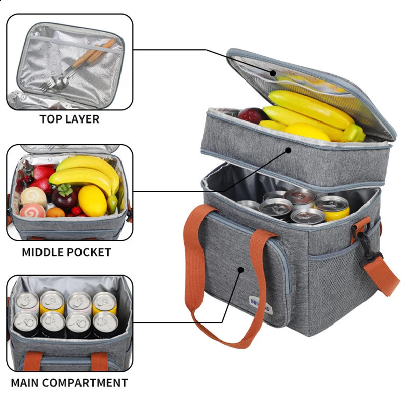 1PC Double Layer Lunch Bag Large Capacity Thermal Insulation Bags Leakproof Cooler Tote For Men Women Work Picnic School 250528