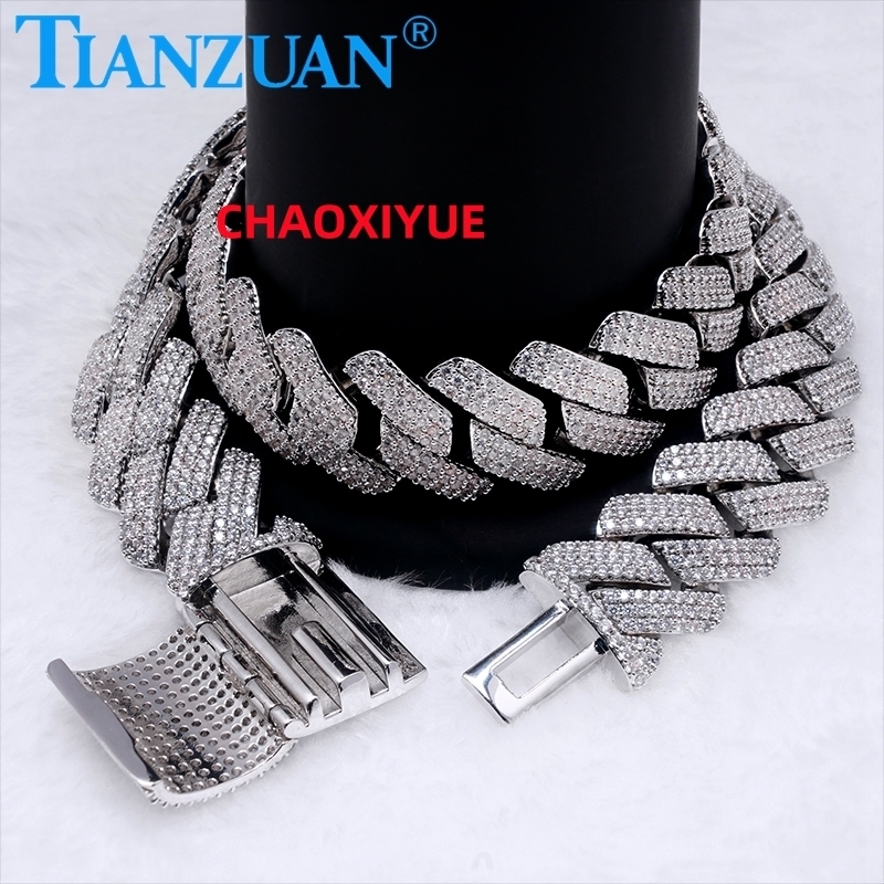 Necklace 20-25mm 925 Silver Three Rows Cuban Link Iced Out Hip Hop White Moissanite Chain Jewelry for Women Men Gifts