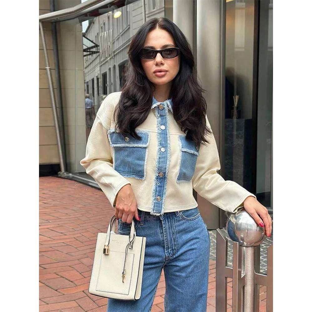 Y2k Women Patchwork Jacket Coat Lapel Long Sleeves Jeans with Packets Spring Casual Lady Denim Coats Designer Outwear Top