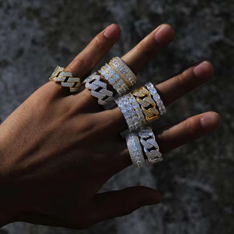 Fine Jewelry Iced Out Hip Hop Cuban Link Ring Gold Plated 925 Sterling Silver VVS Moissanite Diamond Finger Band Ring for Men