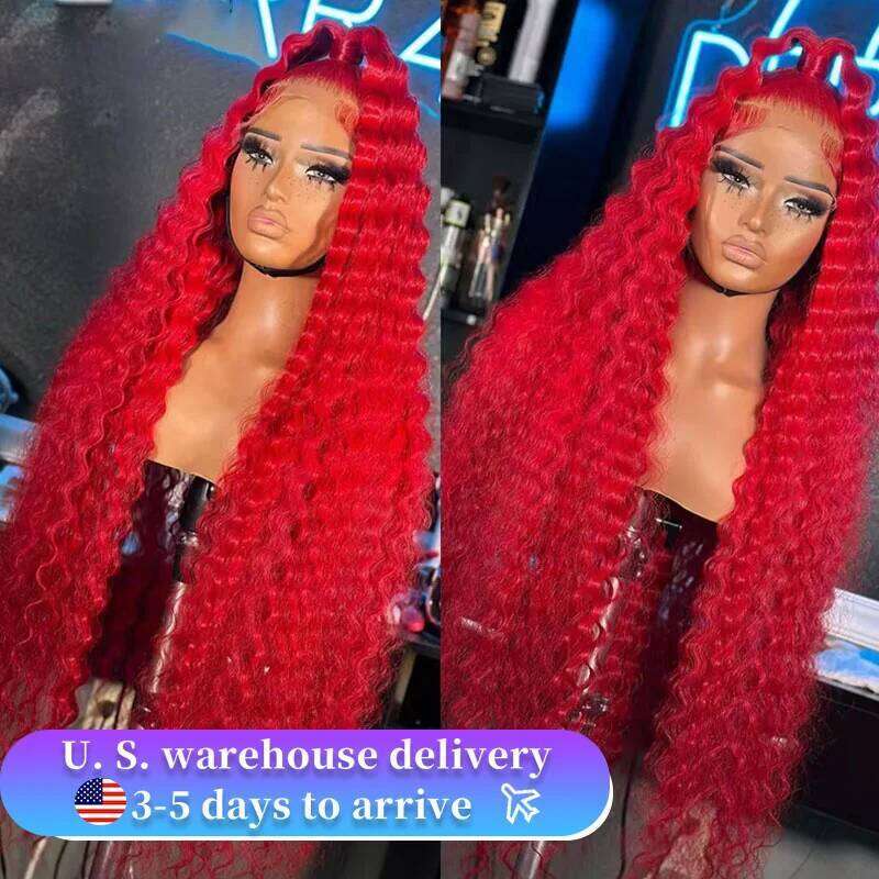 210% Density Deep Wave Front Human Hair 13x6 Red Transparent Lace Wigs For Women