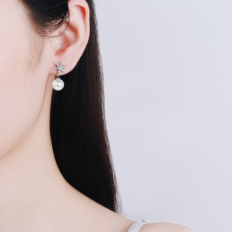 S925 Sterling Silver Earrings with 8mm Freshwater Pearls and Moissanite Snowflake Studs Wholesale Fashion Jewelry Hot Selling