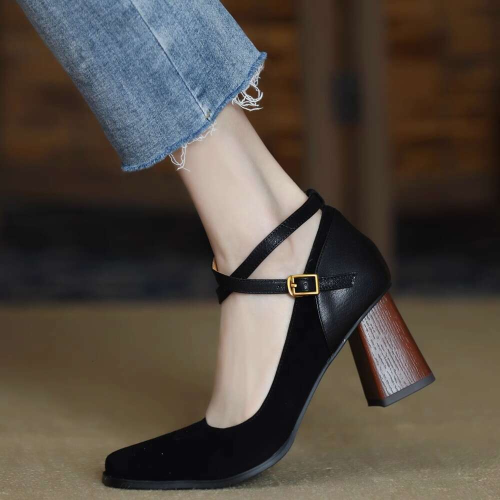 Chengdu Style ~ Genuine Leather Suede Patchwork Square Toe Cross Strap Single Shoes for Women Spring Chunky High Heels