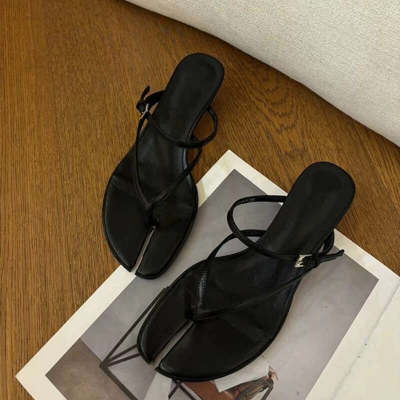 Genuine Leather Niche Split Thin Strap Toe Post Sandals for Women 2025 Spring Summer Fashion Beach Low Heel Slippers