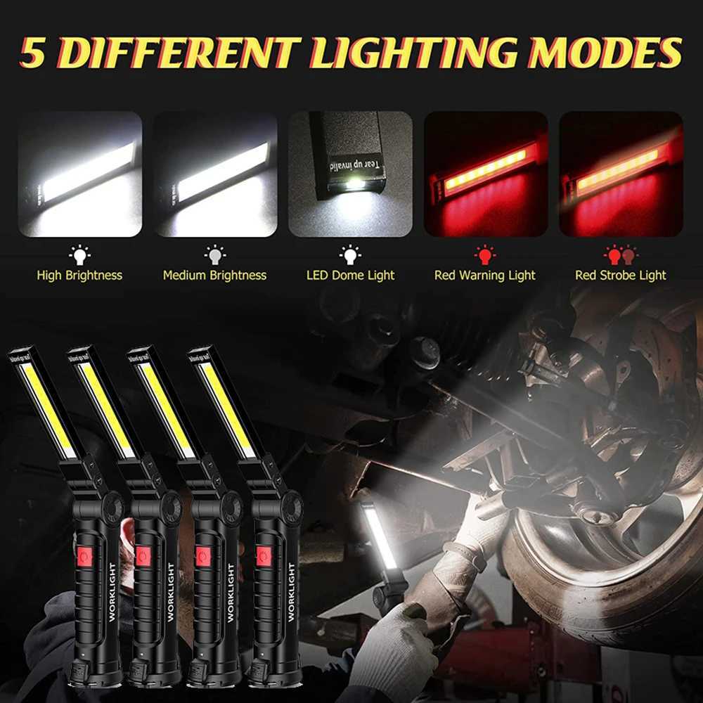 USB Flashlight Rechargeable Torch Tool Gifts for Men LED Work Light with Magnetic Base 5 Modes For Home Outdoor Camping XJ250529