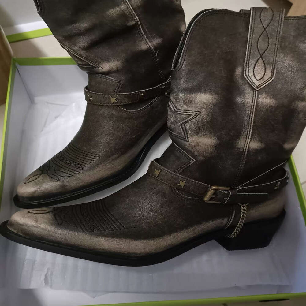 Genuine Leather Distressed Western Cowboy for Women, Chunky Heel, Pointed Toe, V-Cut, Pull-On, Belt, Mid-Calf, Martin Boots, Short Boots