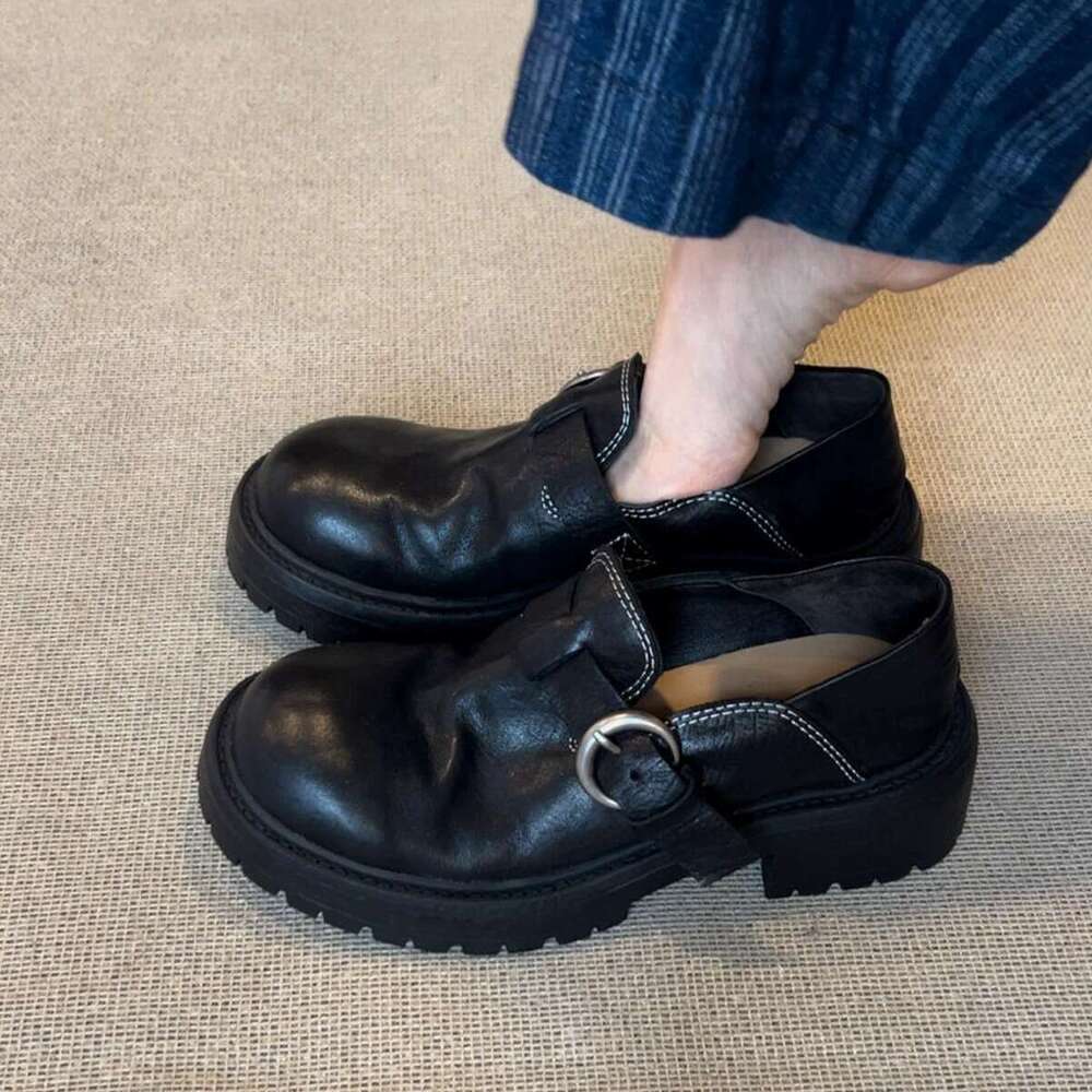 British Style Genuine Leather Loafers with Belt Buckle, Platform Thick Sole, Chunky Heel, Women's Spring, Autumn, Winter Shoes