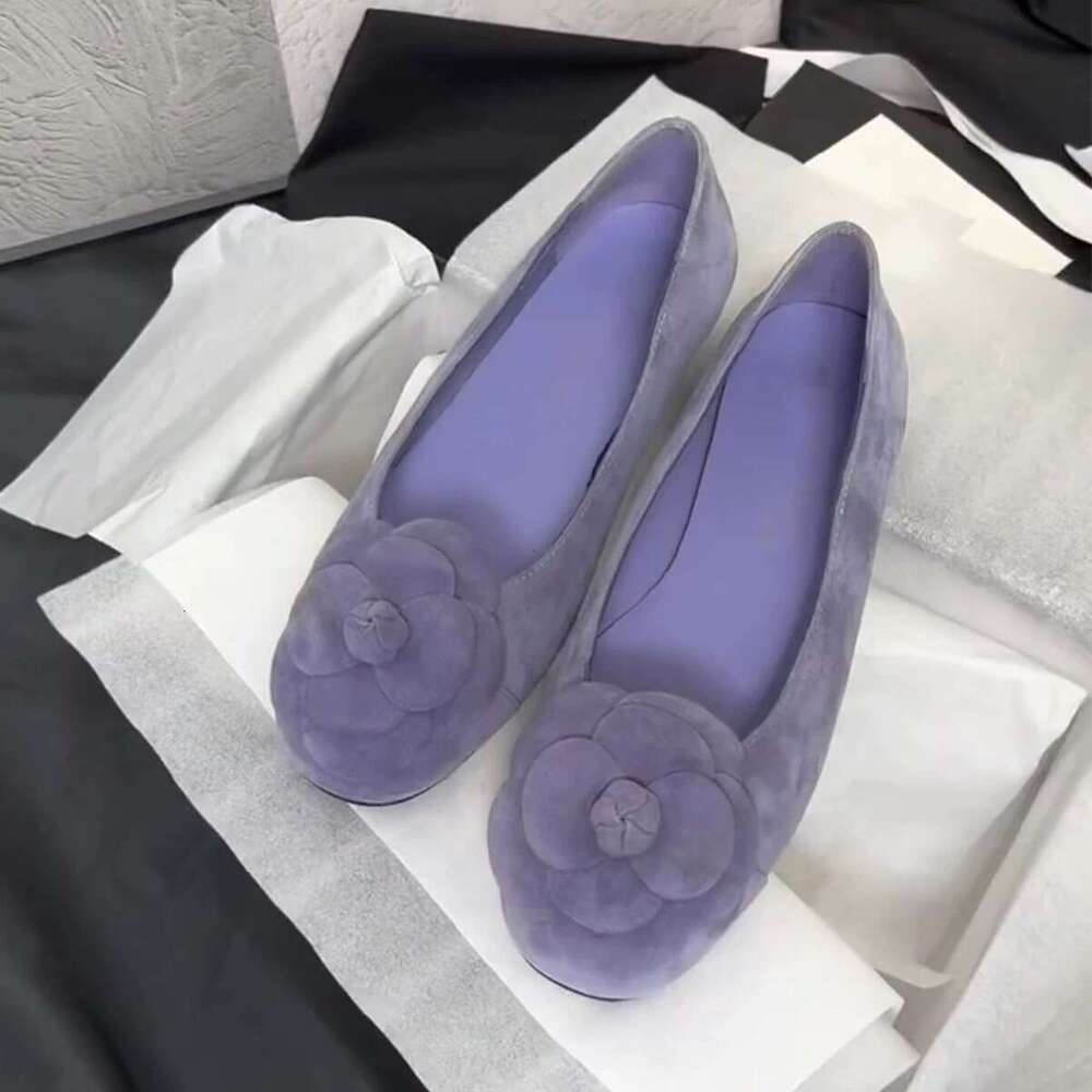 Genuine Leather Suede Shallow Mouth Camellia Single Shoes for Women Spring and Autumn New Versatile Fashion Round Toe Flat Ballet Flats