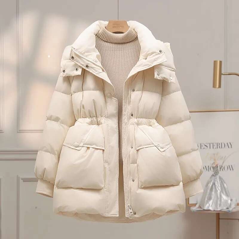 90 White duck down Jacket For women Winter 2025 New Slim Detachable hat Coat Medium length Female Casual Down Outwear