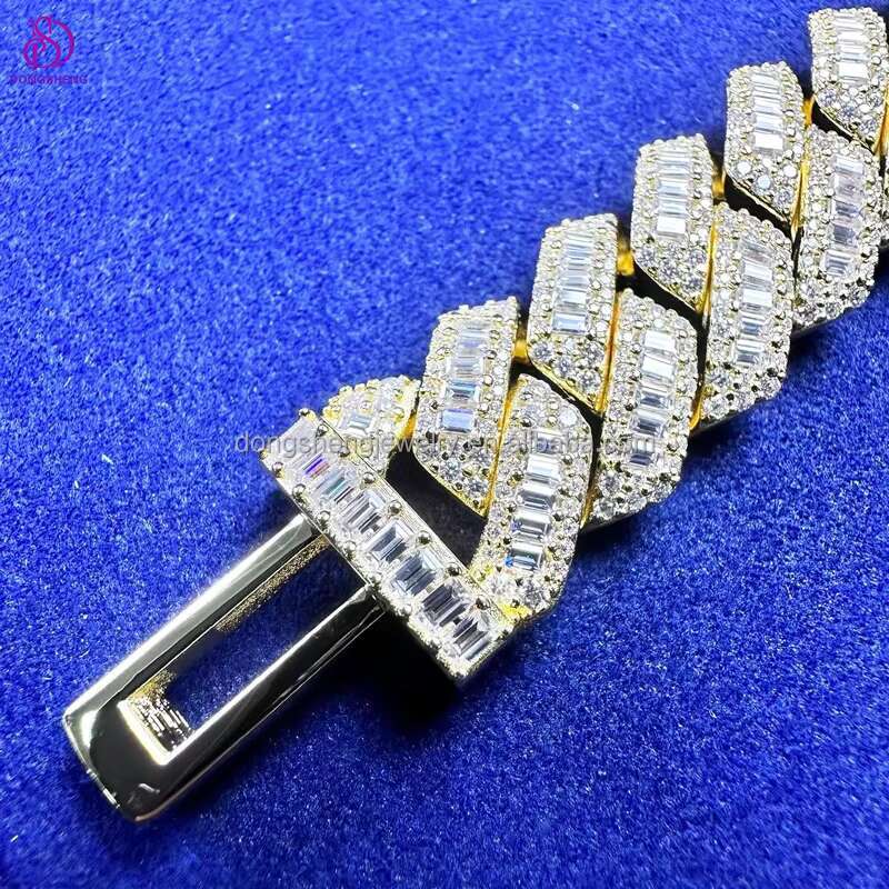 Fashion Trending 18mm S925 Sterling Silver Hip Hop Necklace Bracelet 14k 18k Gold Ice Out Moissanite Baguette Cuban Chain