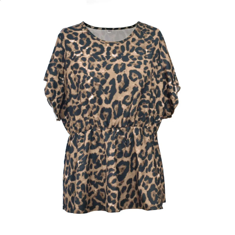 Plus Size Womens Shirt Leopard Print Round Neck Waist ShortSleeved Holiday Casual Top 250519