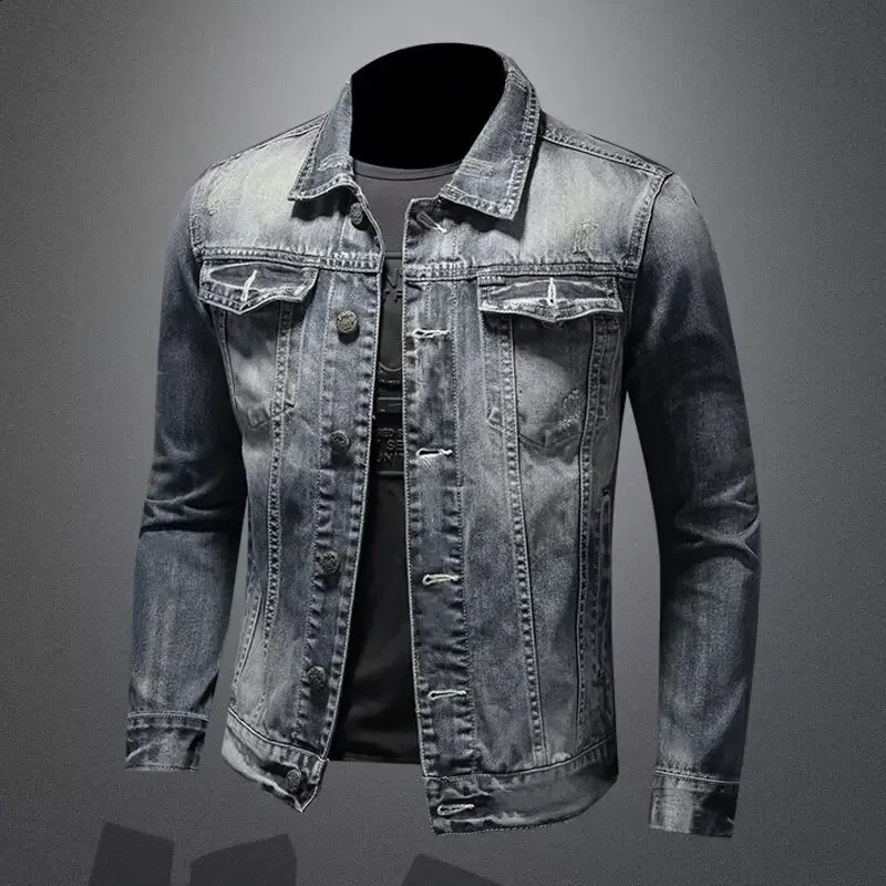Mens Denim Jacket American Style Vintage Wash Distressed Casual Slim Fit Smooths Your Silhouette Long Sleeve Denim Blazer Trend 250521