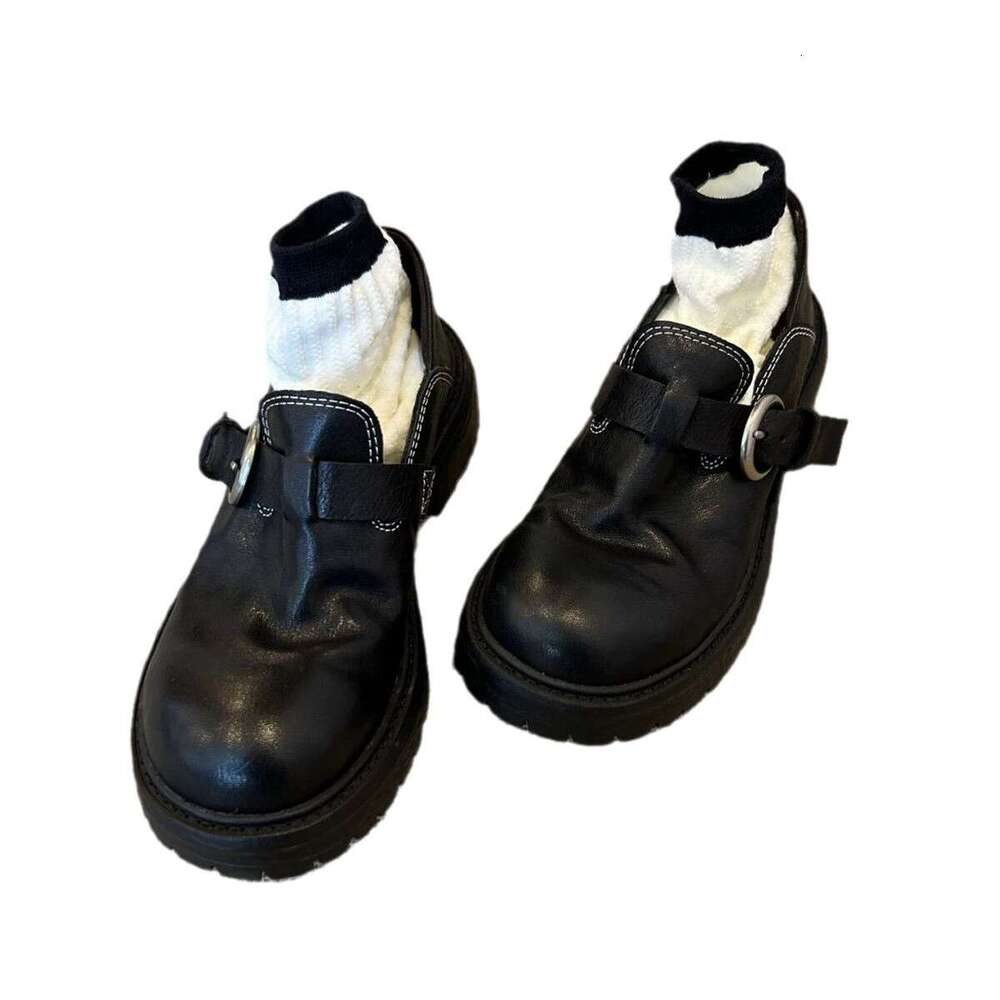 British Style Genuine Leather Loafers with Belt Buckle, Platform Thick Sole, Chunky Heel, Women's Spring, Autumn, Winter Shoes