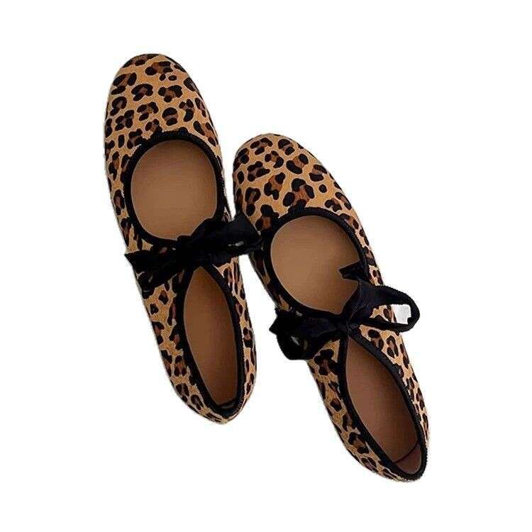 Genuine Leather Round Toe Shallow Mouth Lace-up Ballet Flats for Women 2025 Spring Summer New Leopard Print Flat Mary Jane Shoes