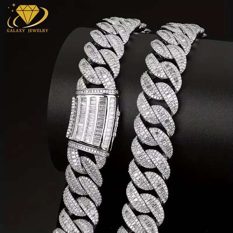 Luxury Hip Hop Chain Cuban Necklace Bling Moissanite Baguette Cuban 925 Silver Gold Plating Iced Out Miami Cuban Link Chain
