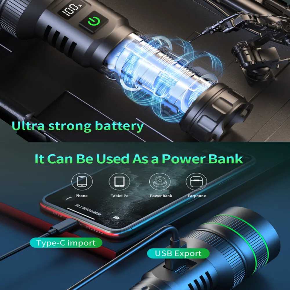 Bright Spotlight Long Range LED Flashlight Type-C Charging Strong Light Lamp Tactical Torch Waterproof Zoom Outdoor LanternXJ250529