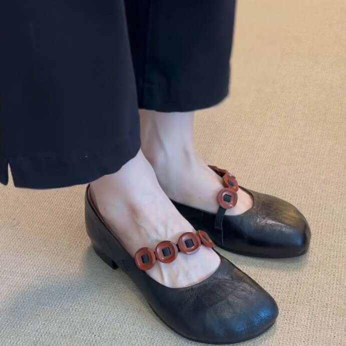 Genuine Leather French Style Round Toe Chunky Heel Single for Women, New Autumn One-Strap Shallow Mouth Mary Jane Ballet Shoes