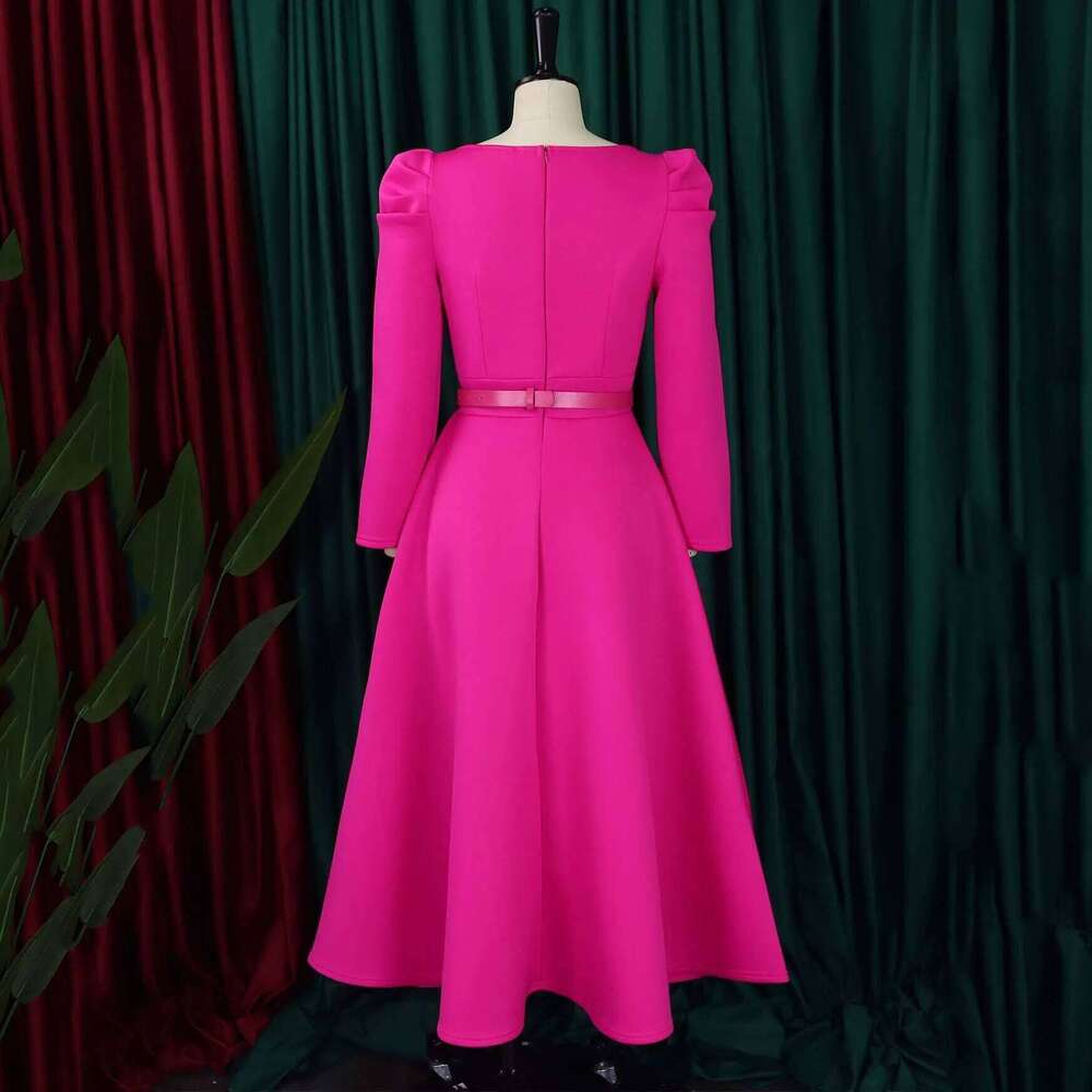 Elegant Dresses For Women Square Neck Full Sleeve Belt Waisted A Line Ankle Length Female Birthday Party Dinner Dress Hot