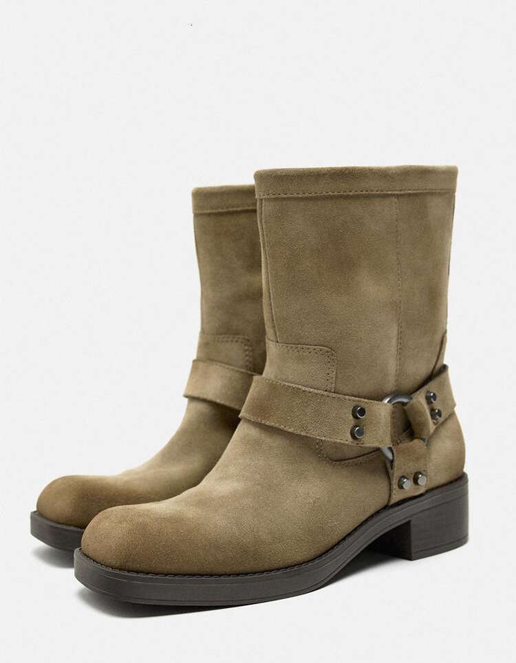 Maillard Belt Buckle Mid-Calf Western Cowboy Martin Women Autumn Winter Thick Heel Square Toe Short Boots