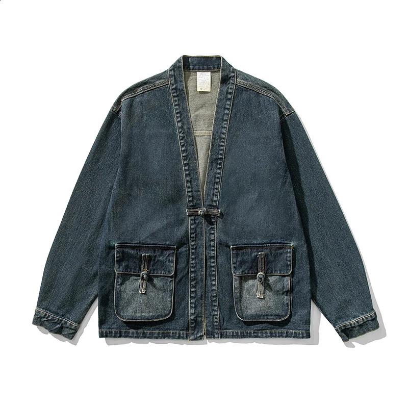Denim Kimono Jacket Men Fashion Casual Jeans Jackets Coats Male Chinese Style Button Denim Jacket Vintage Hip Hop Loose Outwear 250521