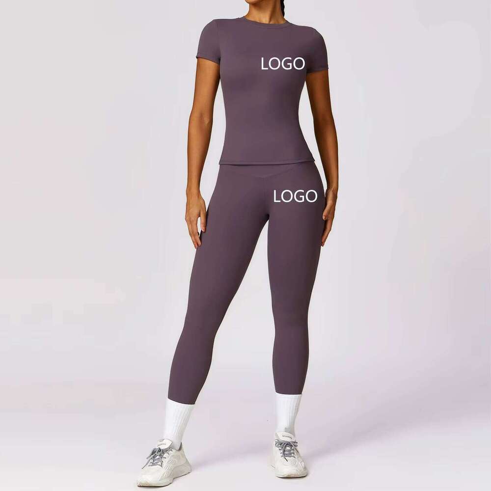 2025 Women's Round Neck Short Sleeve Slim Fit Running T Shirt High Waist Fitness Compression Quick Dry 2 Piece Set