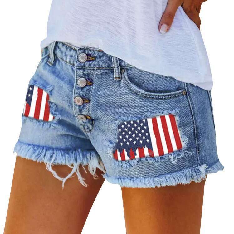 Shorts Women Denim Shorts Trendy Buttoned Printed Patchwork Denim Shorts For Women With Rips And Fringes Jean Shorts