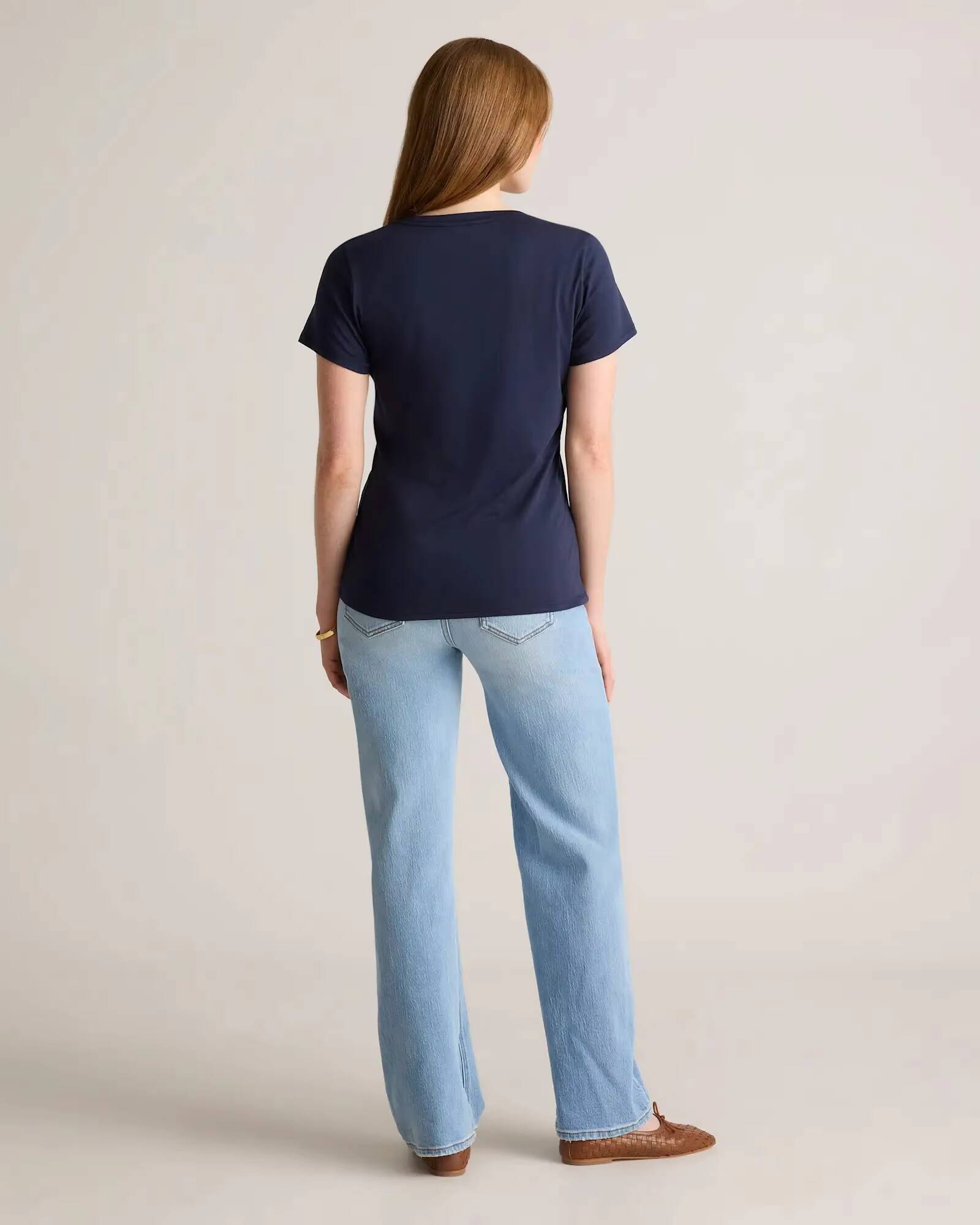 Logo High-Quality Blue Short Sleeve Premium Cotton V-Neck Women's T-Shirt