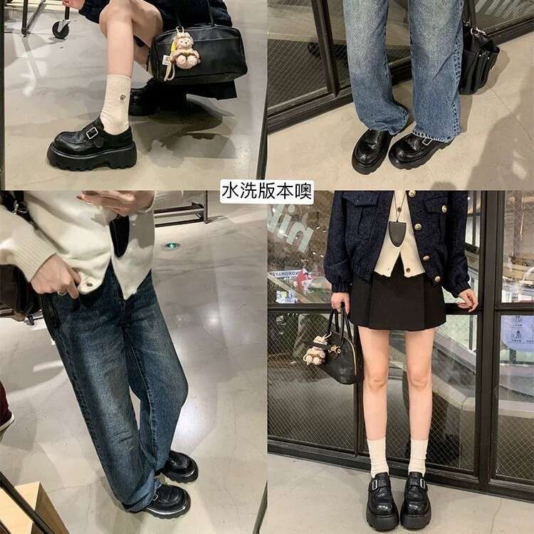 Genuine Washed Shrink Pattern Round Toe Thick Sole Chunky Heel Belt Buckle Loafers Women Autumn Winter Small Leather Single Shoes