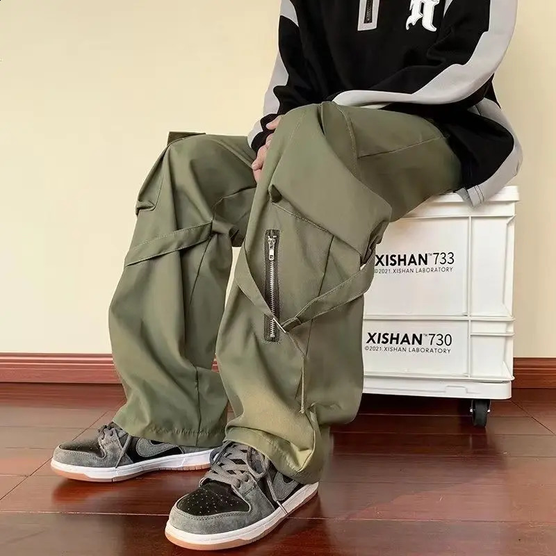 Green Cargo Pants Men Oversize Zipper Black Cargo Trousers Male Streetwear Hip Hop Pocket Spring Loose Casual Workwear 250527