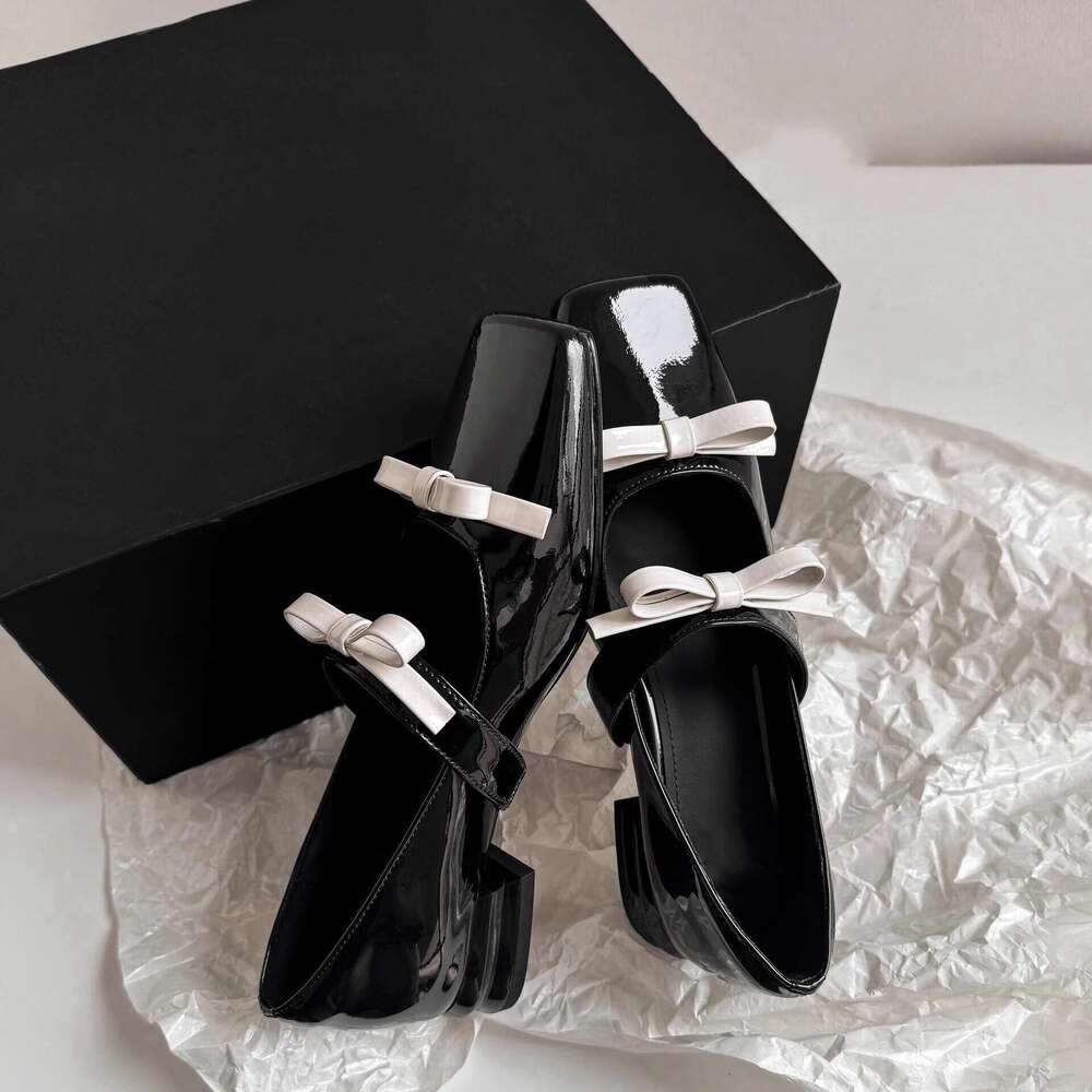 Korean Style Genuine Square Toe Shallow Mouth Double Bow Mary Jane for Women 2025 Spring Chunky Heel Loafers Small Leather Shoes