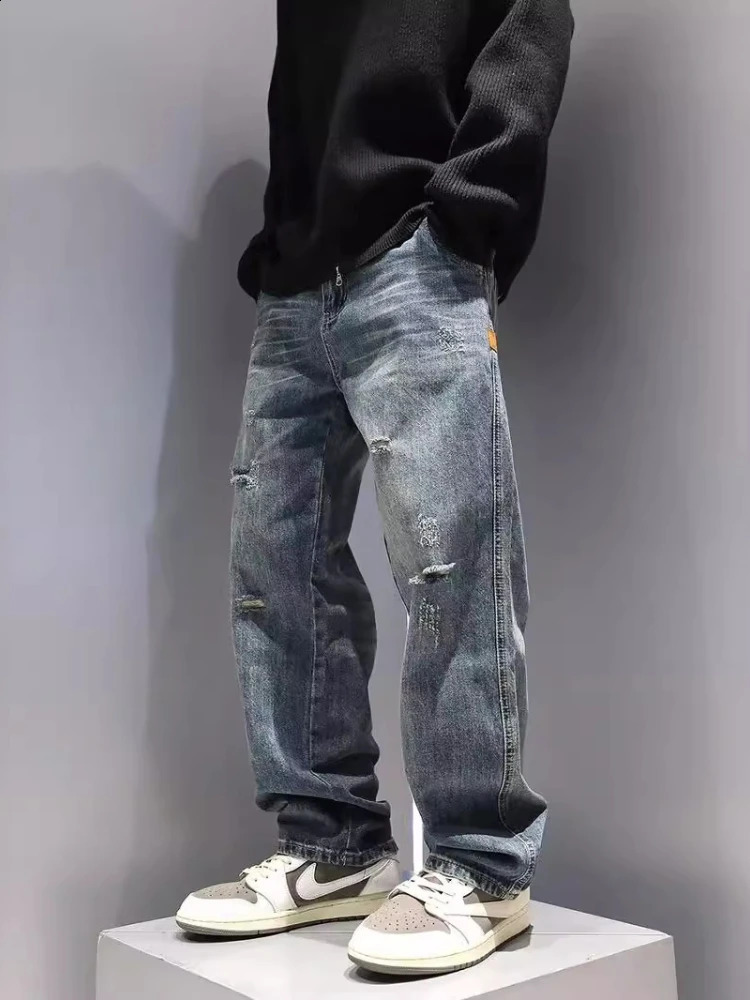 Mens Ripped Jeans Baggy Straight Fashion Vintage Blue Denim Pants Personality Streetwear Hip Hop High Quality Male Trousers 250526