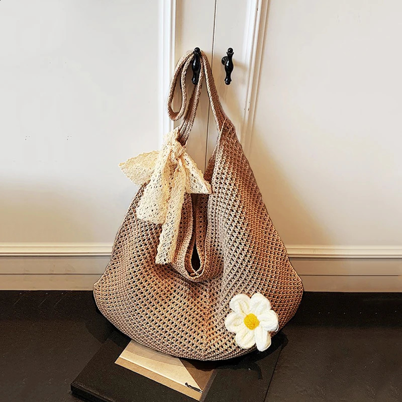 Korean Womens Hollow Woven Shoulder Bags Braided Bag Tote Lazy Style Knitted Flower Summer Mesh Beach Bag 250528