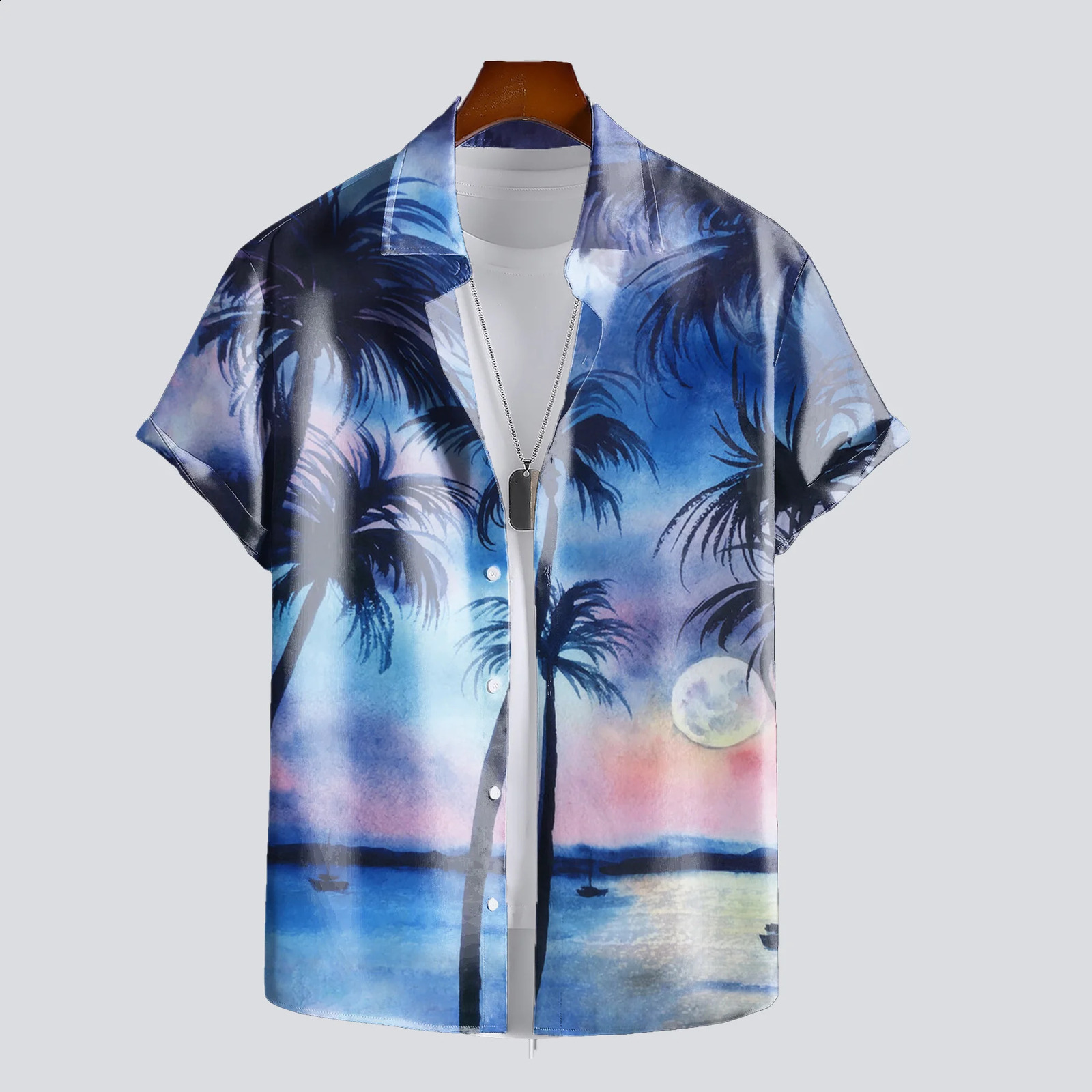 Mens Summer 3D Printed Hawaiian Landscape Graphic Hawaiian Shirt Casual Printed Floral Short Sleeve Hawaiian Tropical Top 250527