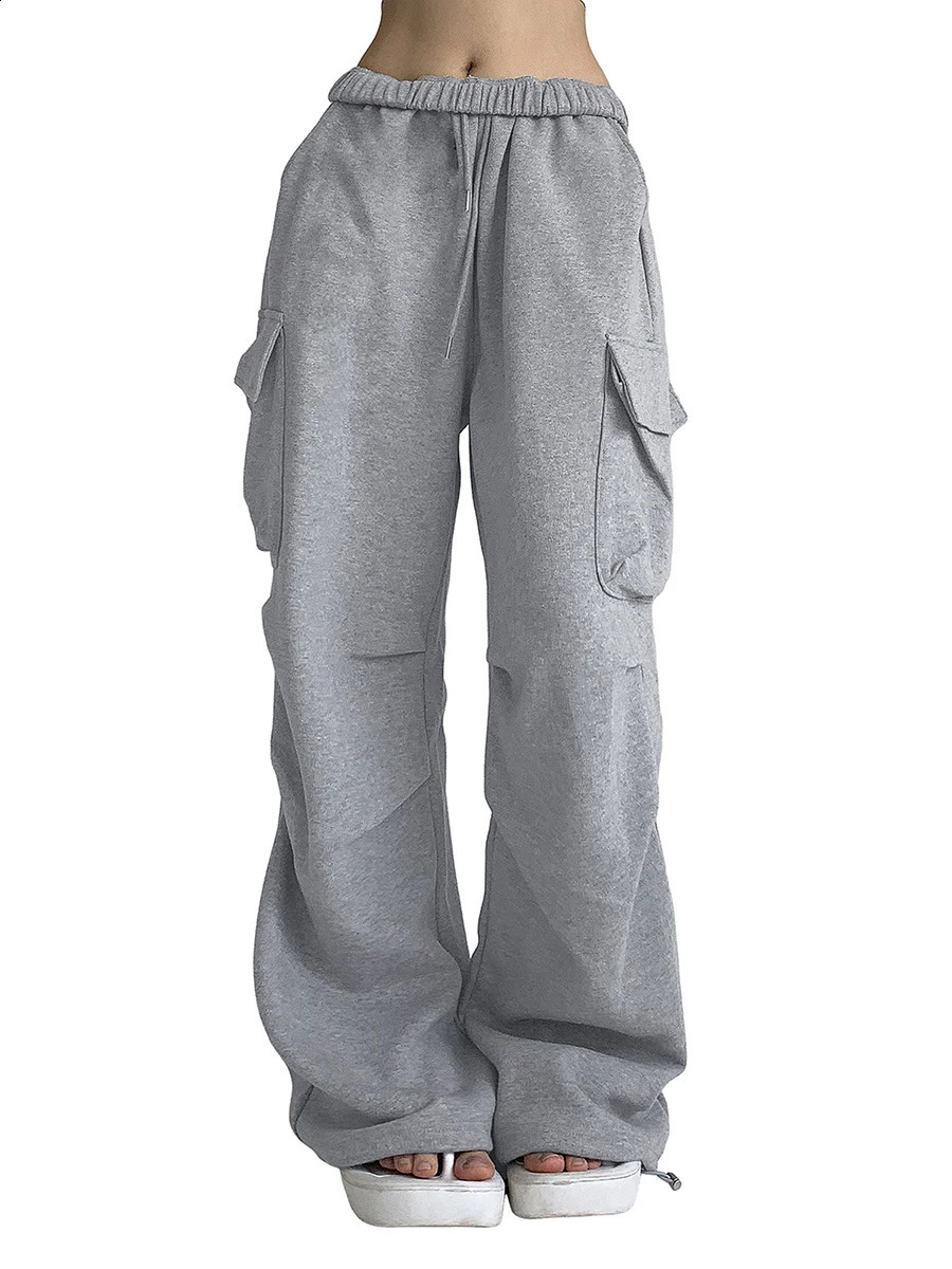 Women s Baggy Cargo Pants High Waist Solid Color Parachute Pants Ruched Sweatpants with Flap Pockets 250529Z