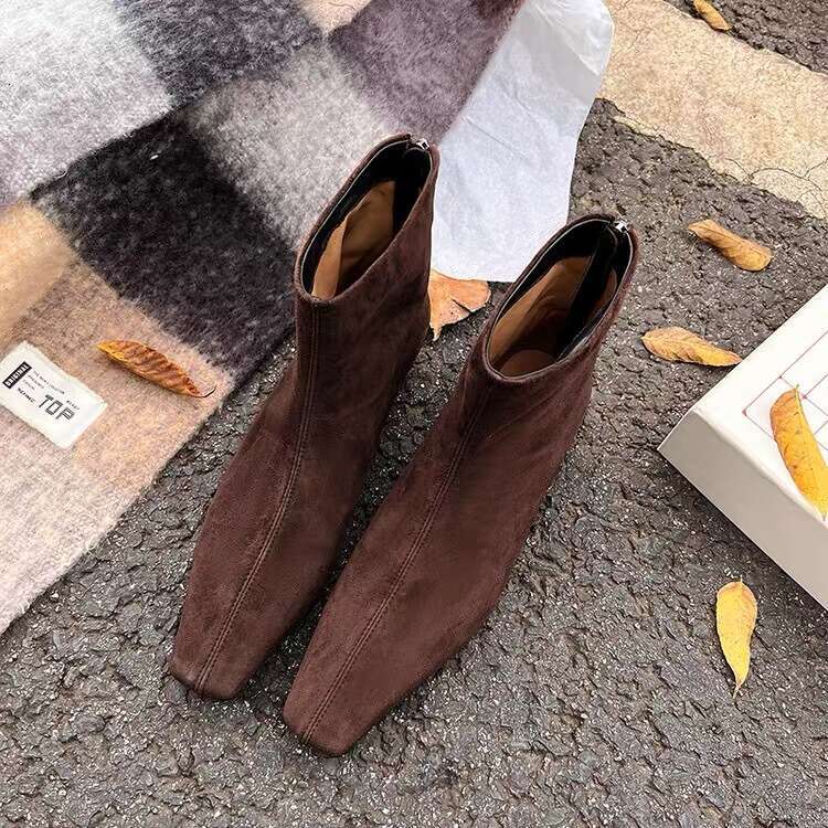 Genuine Leather Matte Korean Style Slim for Women 2024 New Autumn Winter Back Zipper Flat Small Square Toe Short Boots