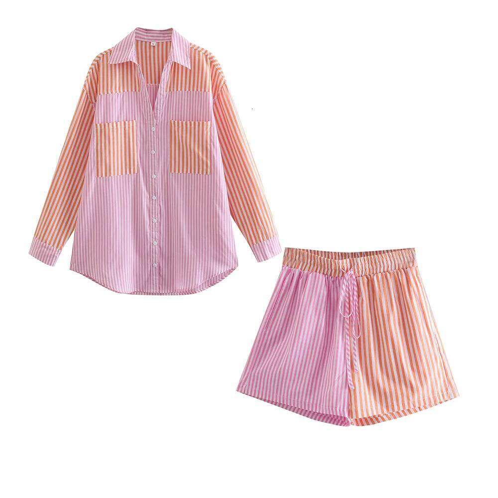 Women's Wear INS V Neck Long Sleeves Loose Shirt Elastic Waist Short Pants Women Orange Pink Contrast Color Suit Set ZATT Spring New