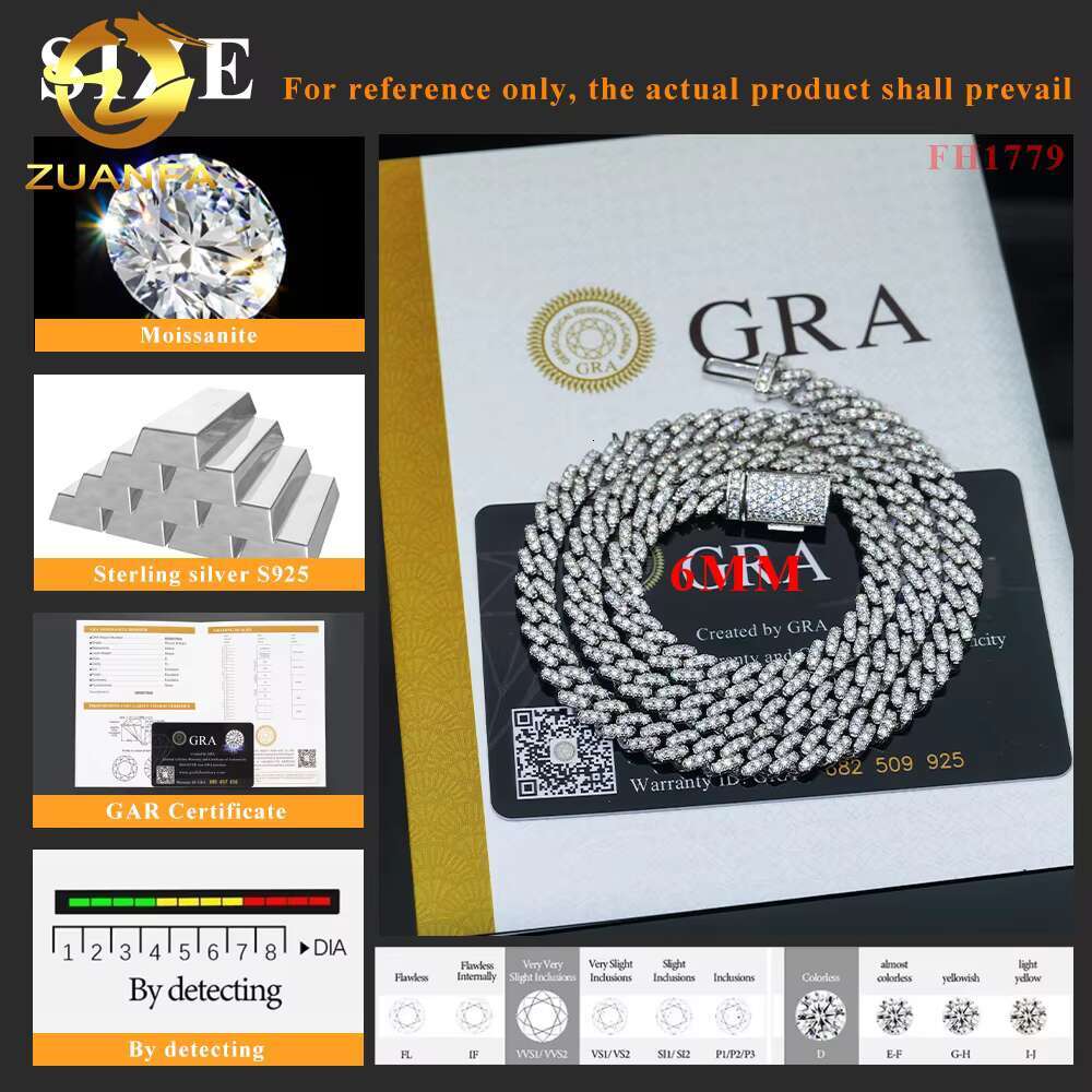Pass Diamond Tester 6mm 925 Sterling Silver Hip Hop Iced Out Vvs Moissanite Diamond Cuban Link Chain