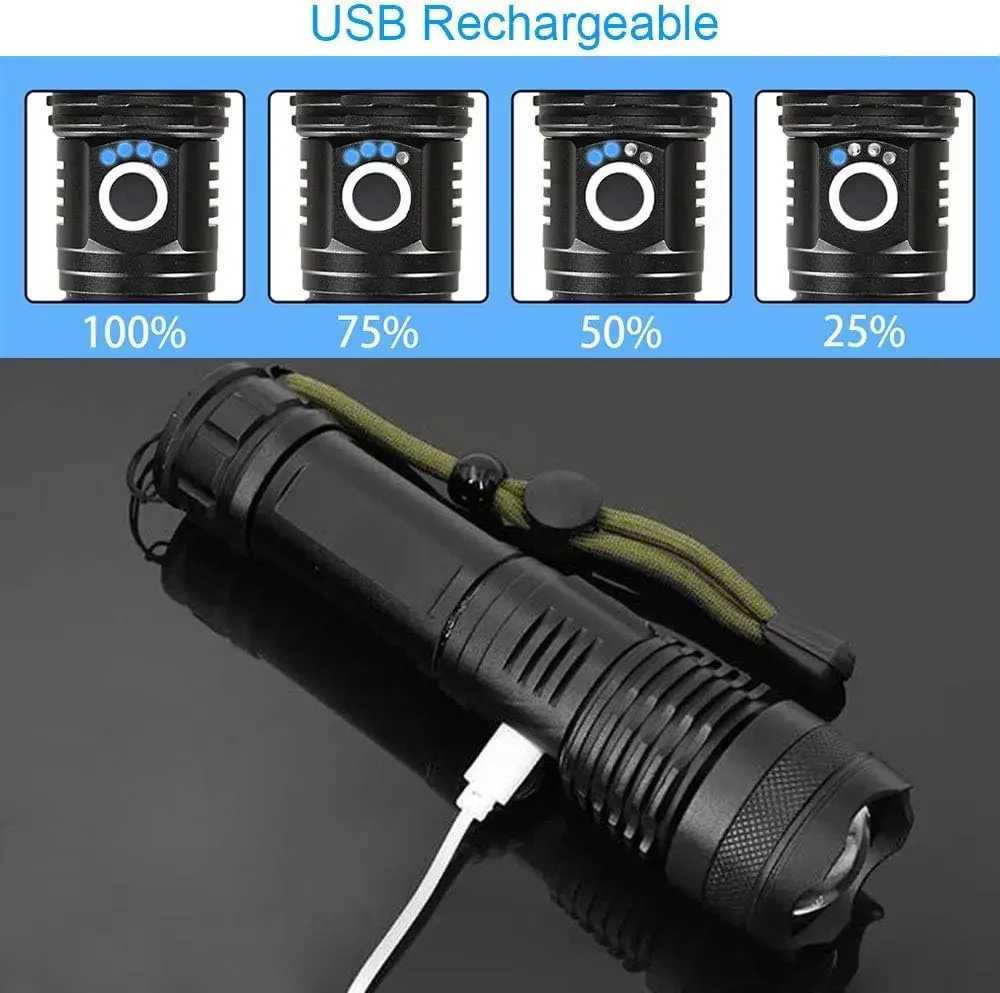 High Power LED Flashlight Rechargeable 5 Mode Aluminium Alloy Telescopic Zoom Torch Tactical Lamp for Outdoor Camping Fishing XJ250529