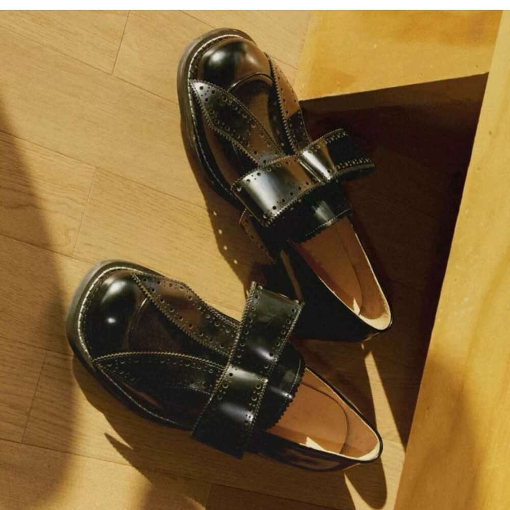 Genuine British Bow Tie Butterfly Knot Carved Brogue Small Leather Unisex Stitched Thick Heel Loafers Single Shoes