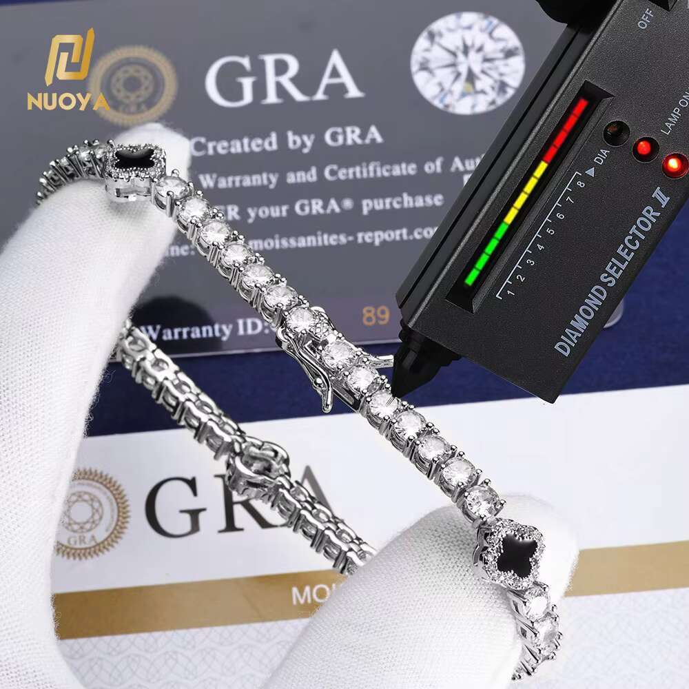 NUOAY Hip Hop Jewelry 4mm Iced Out Moissanite Tennis Chain Black Four Leaf Clover Tennis Chain Necklace Gift for Men Women