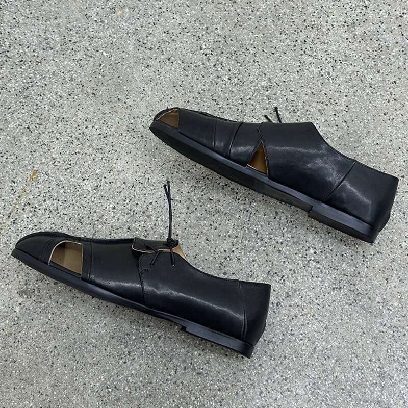 Genuine Leather Niche Design Round Toe Flat Deep Mouth Hollow Out Loafers Women Spring Autumn New Single Shoes