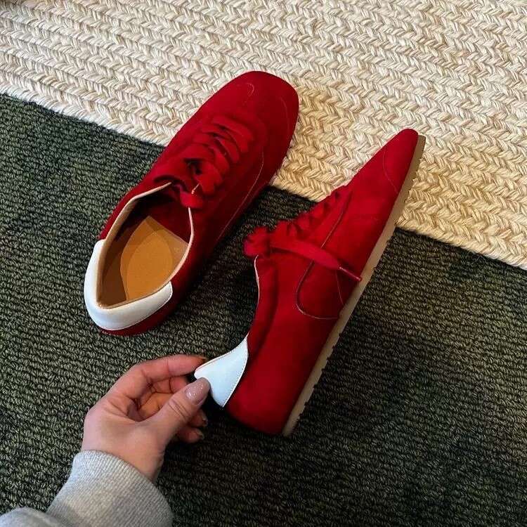 Genuine Leather Red Square Toe Flat Agan Casual Lightweight Sneakers Versatile Lace-up German Training Women's Shoes