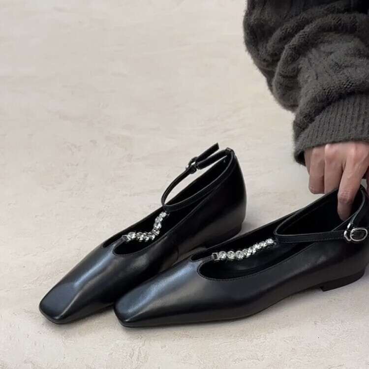 Genuine Leather French Style High-End Rhinestone T-Strap Square Toe Shallow Mouth Flat Mary Jane Shoes for Women Spring and Autumn