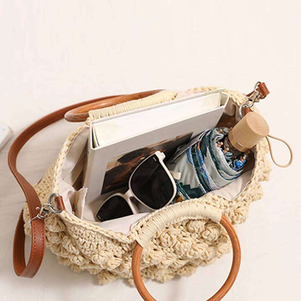 Women's Bags Designer Handmade Crochet Tote Bags For Women Round Wooden Handle Handbag Rope Knitted Beach Shoulder Woven Crossbody Bag Shopper NE