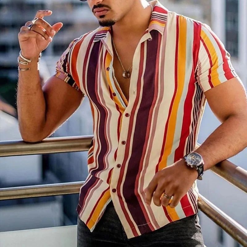 Hawaiian Men Summer Casual Floral Korean Social Retro Shirt Geometric Print Short Sleeve Button Top Loose Sale Big Plus Size 250526