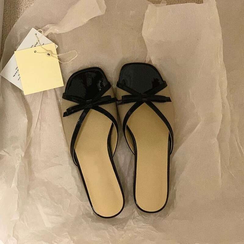 Sheepskin Version ~ French Style Bowknot Square Low Heel Flat Open Toe Slip-On Sandals for Women Outdoor 2025 Summer Slippers
