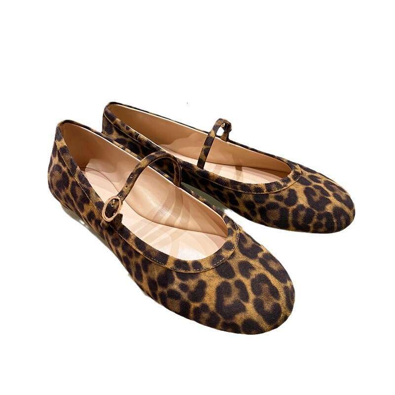 Genuine Leather Shallow Mouth Round Toe One-Strap Mary Jane Leopard Print Single for Women Summer Autumn New Ballet Flat Shoes