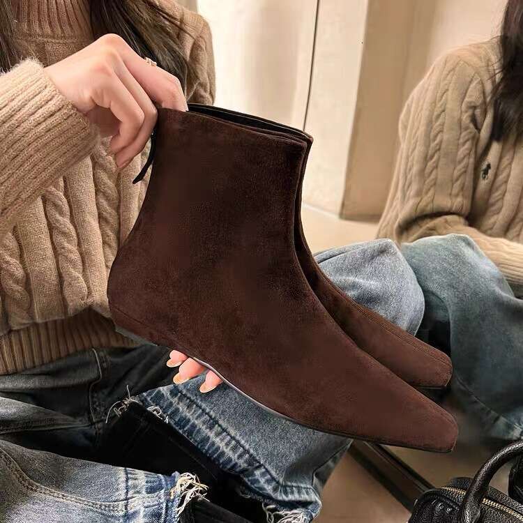 Genuine Leather Matte Korean Style Slim for Women 2024 New Autumn Winter Back Zipper Flat Small Square Toe Short Boots